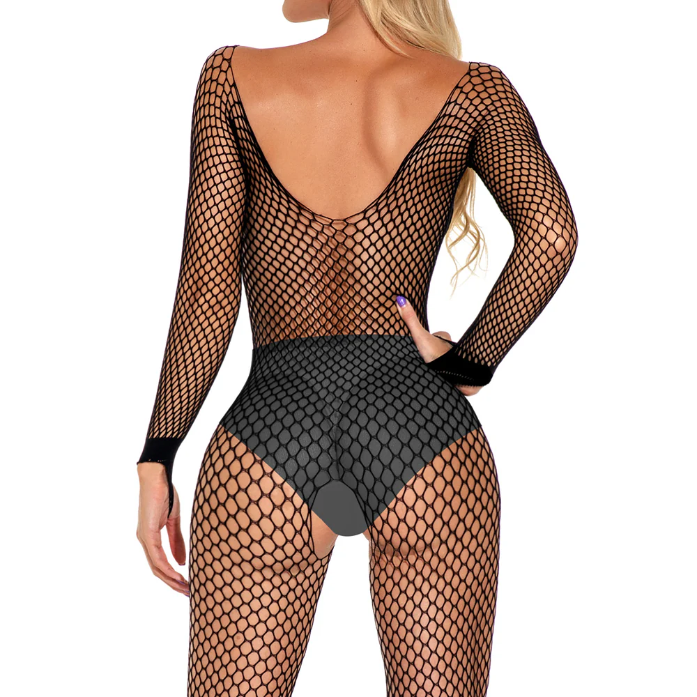 Cerise Long Sleeve Crotchless Fishnet Bodystocking - Image 2