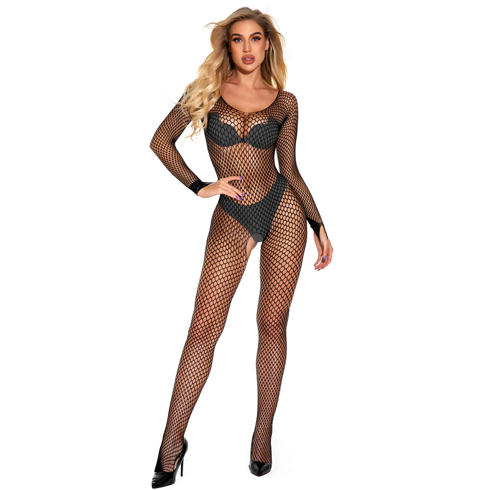 Cerise Long Sleeve Crotchless Fishnet Bodystocking - Image 3
