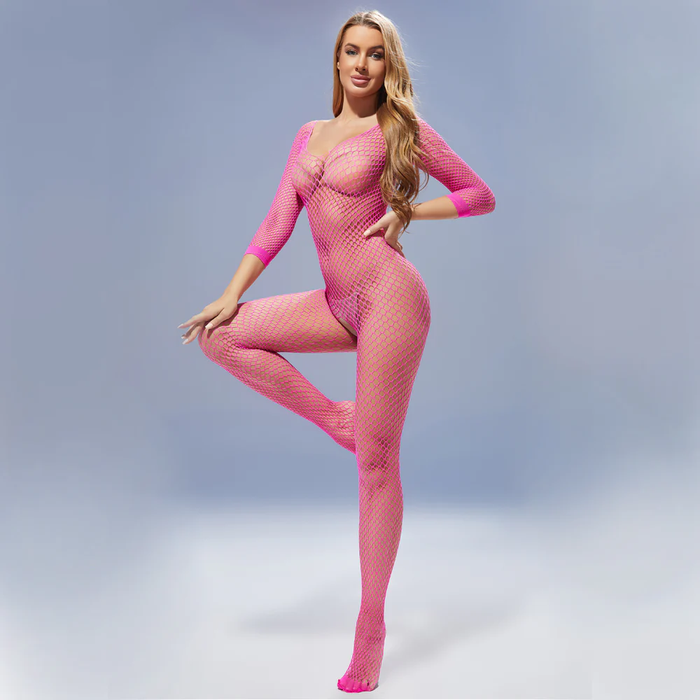 Cerise Long Sleeve Crotchless Fishnet Bodystocking - Image 5