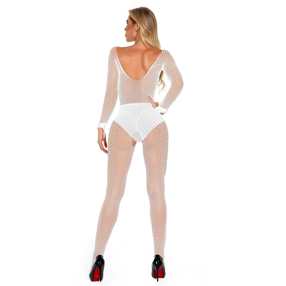 Cerise Long Sleeve Crotchless Fishnet Bodystocking - Image 8