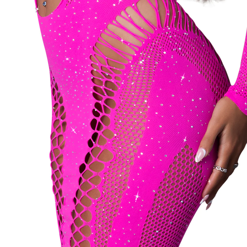 Exposed UV-Reactive Seamless Fishnet Long Sleeve Crystal Dress - Image 3