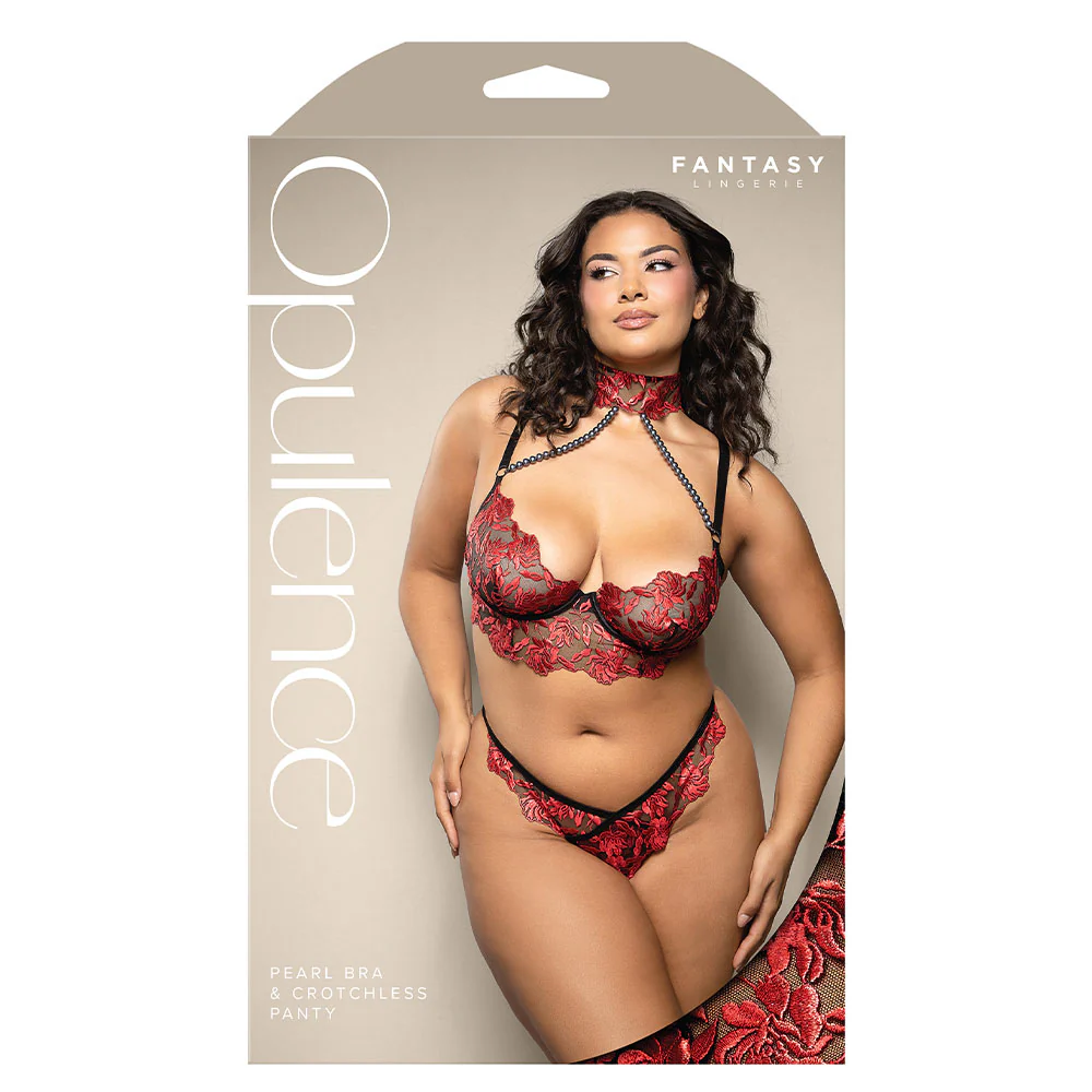 Fantasy Lingerie Embroidered Mesh Pearl Choker Bra & Panty Set - Curvy - Image 4