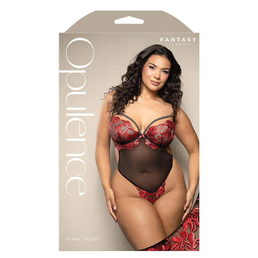 Fantasy Lingerie Opulence Embroidered Mesh Pearl Crotch Teddy - Curvy - Image 4