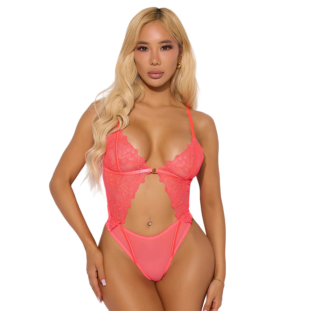 House of Desire Eden Embroidered Lace & Mesh Cutout Teddy - Image 3