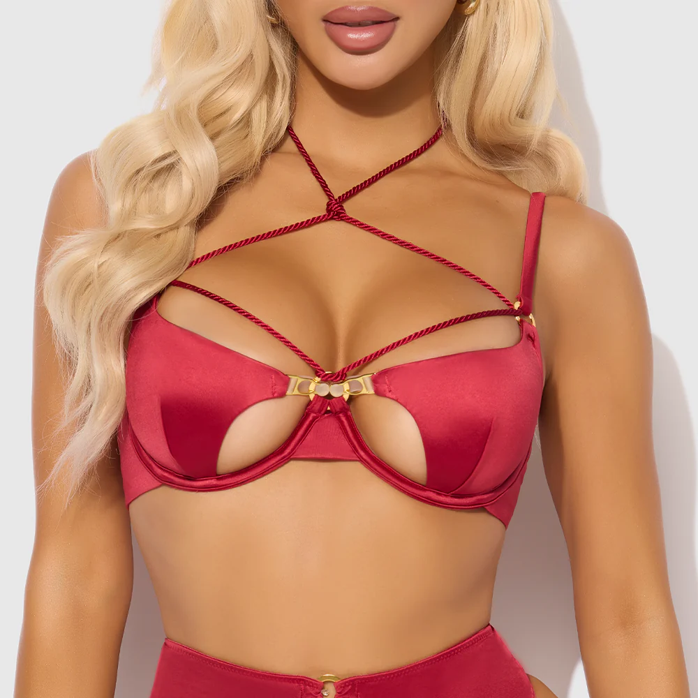 House of Desire Iryna Satin & Rope Open-Cup Bra Lingerie Set - Image 4