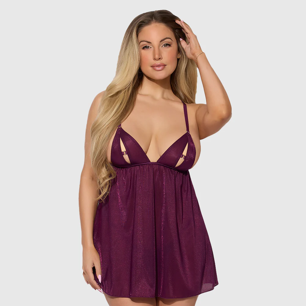 House of Desire Yasmine Shimmer Mesh Split Cup O-Ring Babydoll - Image 4