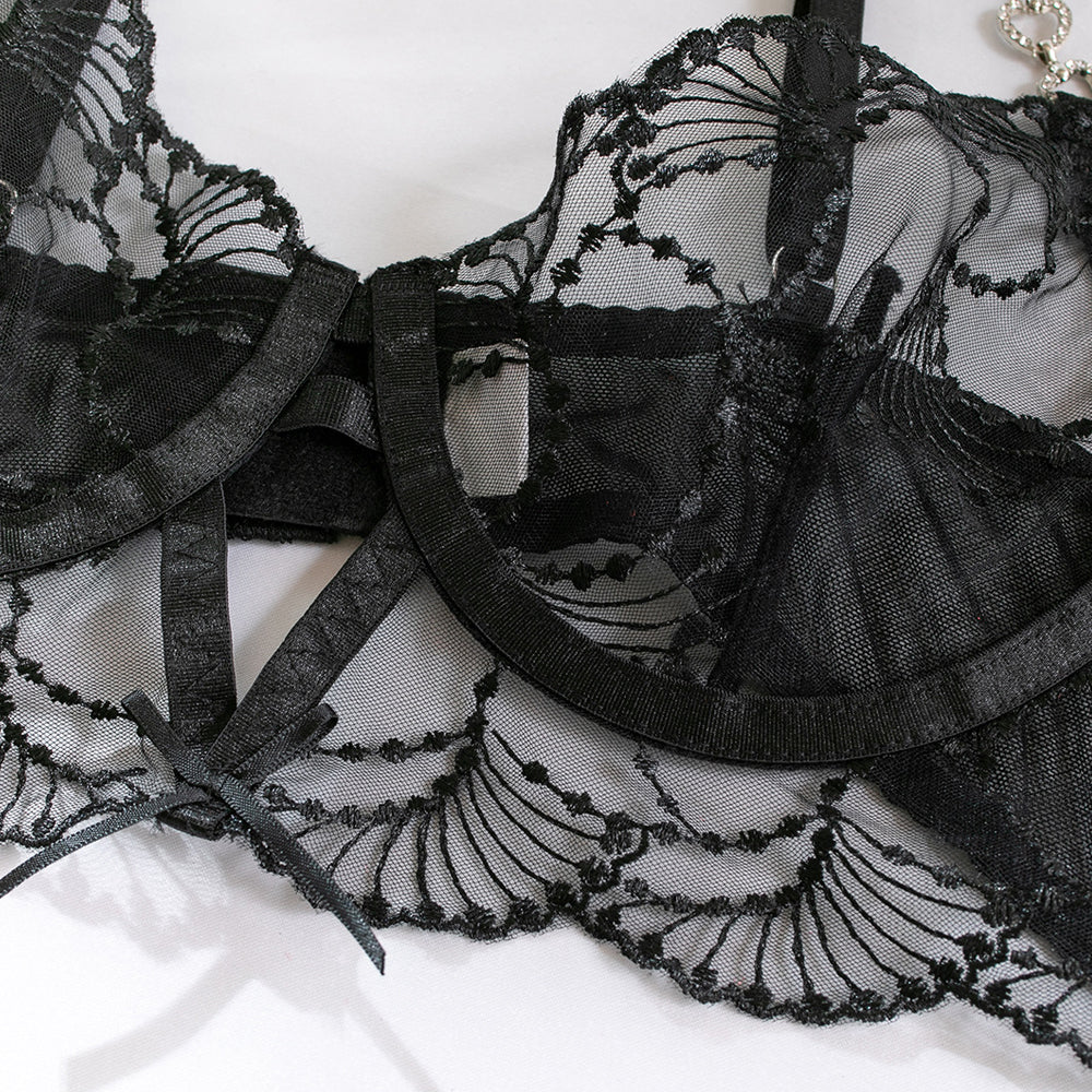 JSY Sheer Embroidered Mesh & Diamante Heart Chain Lingerie Set - Image 5