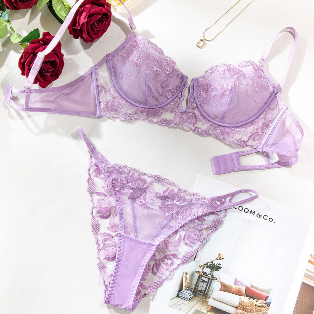 JSY Sheer Embroidered Mesh Wave Balconette Lingerie Set - Image 5