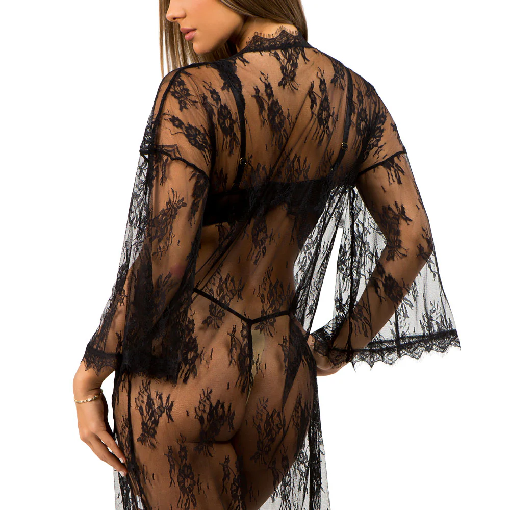 Just Sexy Lingerie Long Sheer Eyelash Lace Robe & G-String - Image 2
