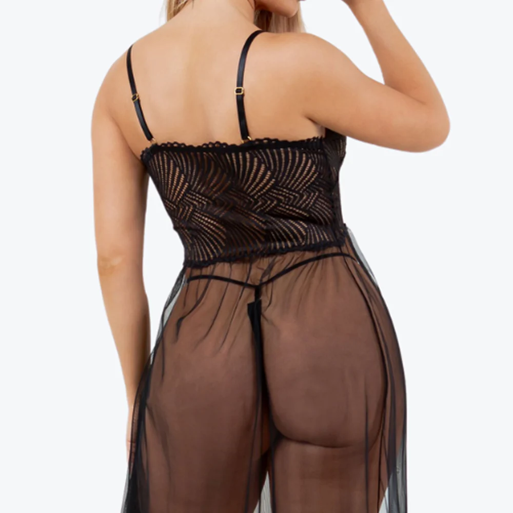 Just Sexy Lingerie Sheer Lace & Mesh Floor-Length Slit Gown & Thong - Image 2