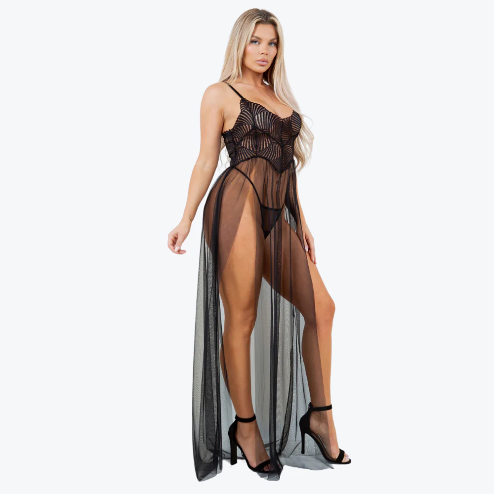 Just Sexy Lingerie Sheer Lace & Mesh Floor-Length Slit Gown & Thong - Image 3