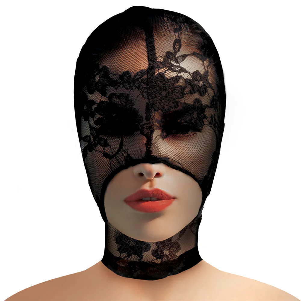 Master Series Lace Seduction Open Mouth Sheer Bondage Hood