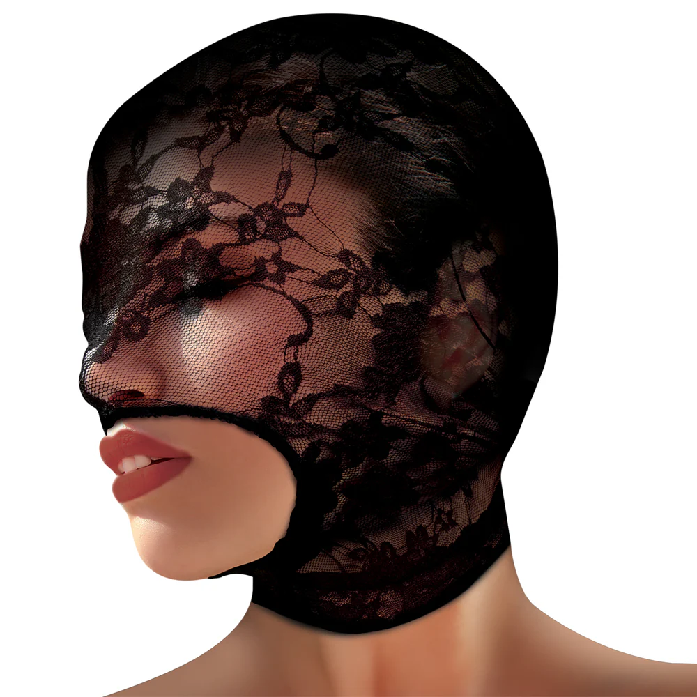 Master Series Lace Seduction Open Mouth Sheer Bondage Hood - Image 2