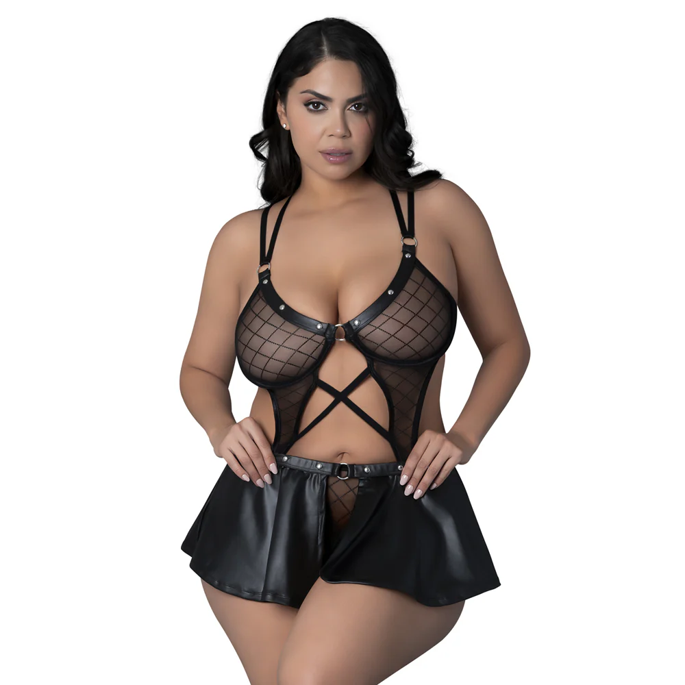 Lust Fetish Anastasia Wet Look Peplum Top & Crotchless Panty - Curvy - Image 4