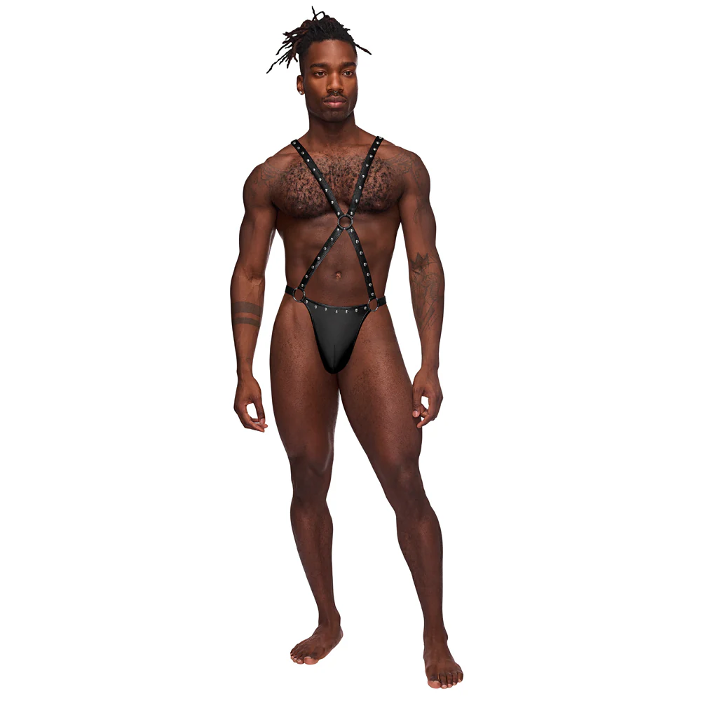Male Power Fetish Warrior Wet Look Studded Thong X-Harness - Image 2