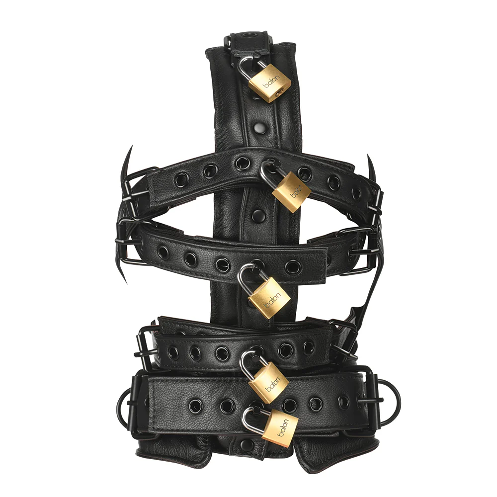 Master Series Lockable Faux Leather Head Harness With Muzzle - Image 4