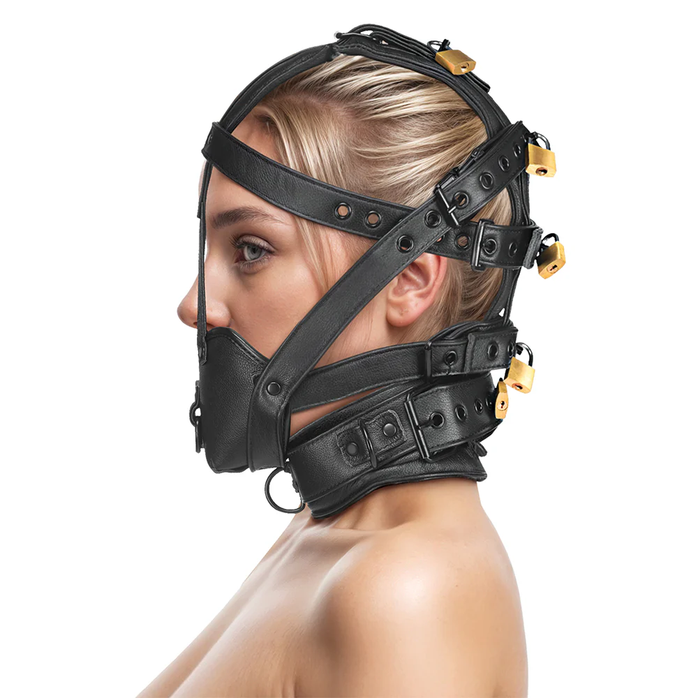 Master Series Lockable Faux Leather Head Harness With Muzzle - Image 6