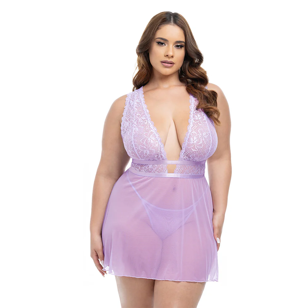 Oh La La Cheri Stassi Sheer Lace & Mesh Babydoll & G-String - Curvy - Image 3
