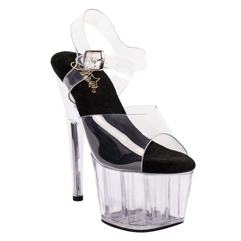Pleaser Adore Premium 7" Stiletto Platform Sandals - Clear/Black-Clear - Image 2