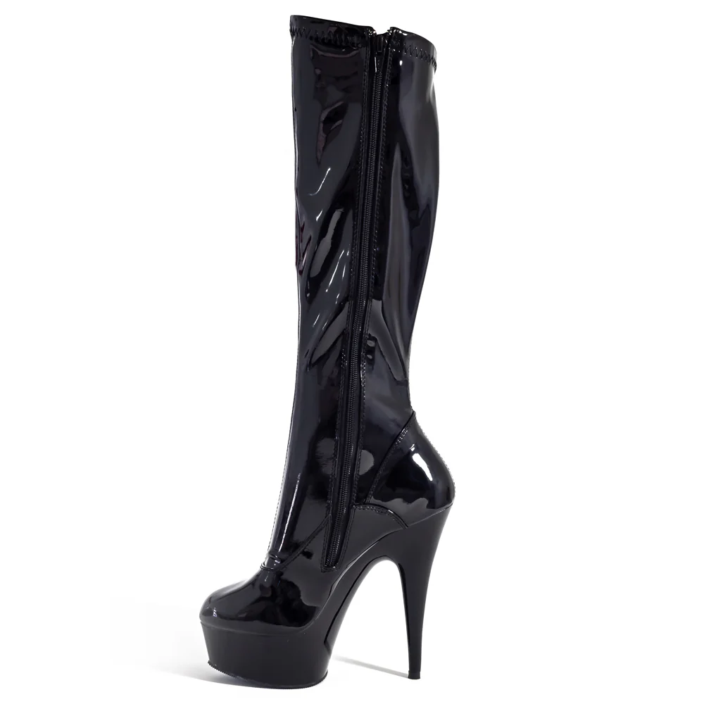 Pleaser Delight 6" Stiletto Platform Knee Boots - Patent Black - Image 3