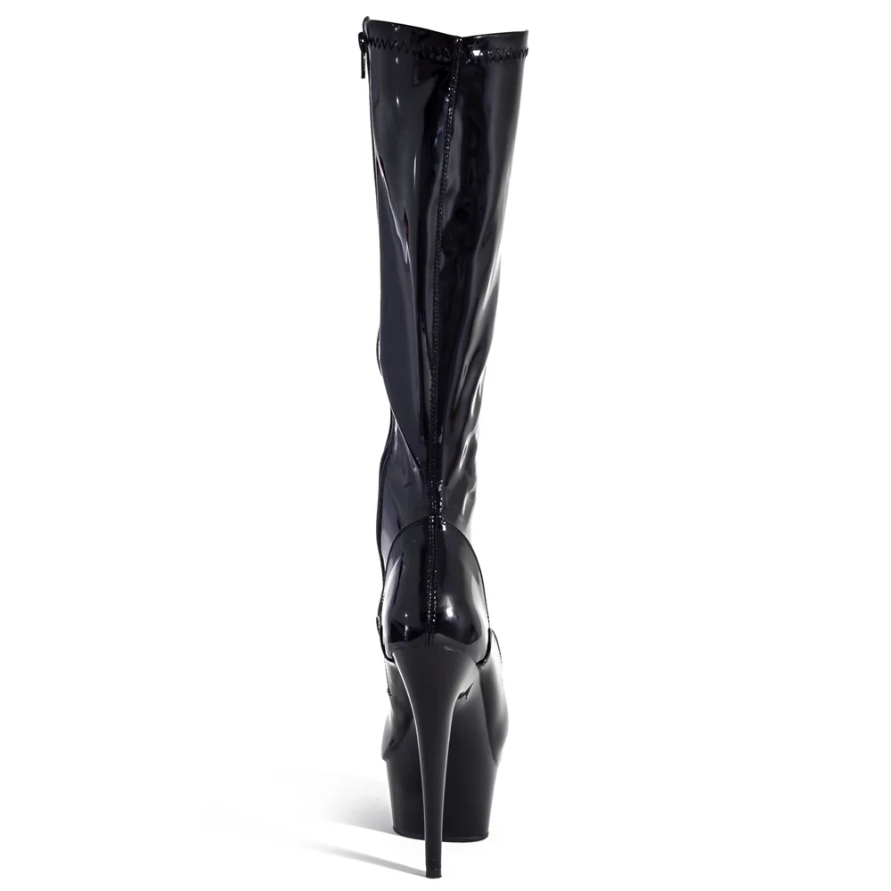 Pleaser Delight 6" Stiletto Platform Knee Boots - Patent Black - Image 4
