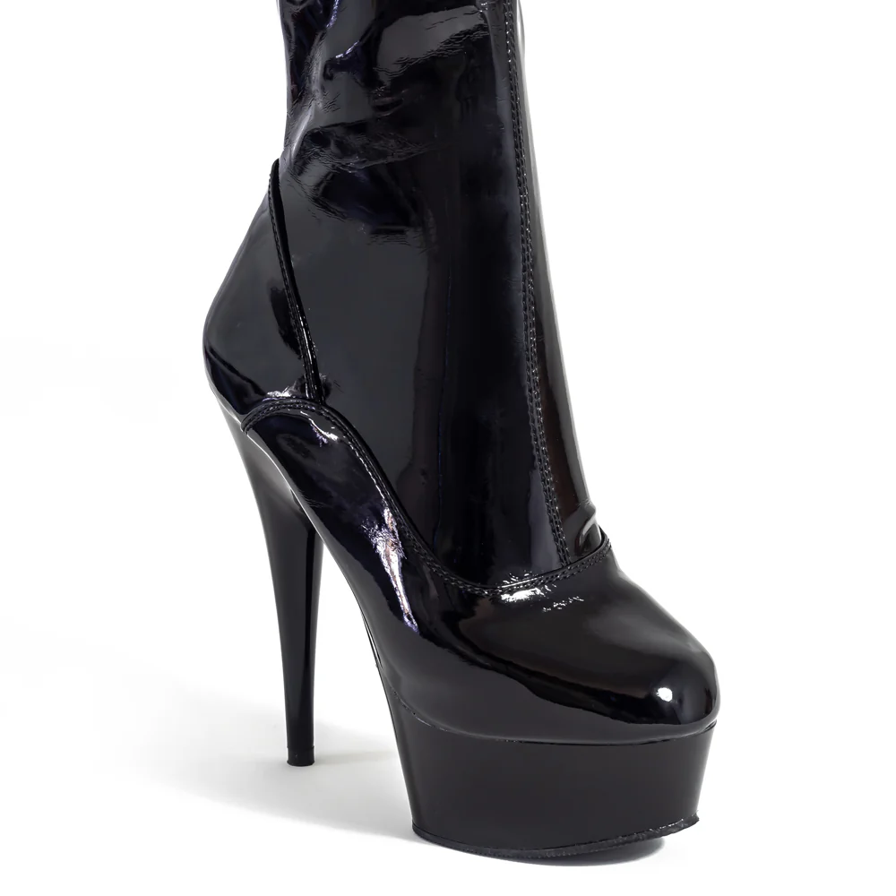 Pleaser Delight 6" Stiletto Platform Knee Boots - Patent Black - Image 5