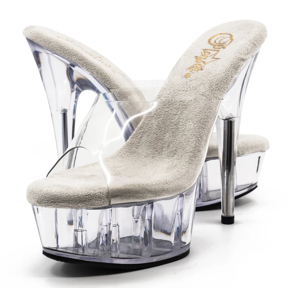 Pleaser Delight 6" Stiletto Platform Slide Sandals - Clear/Clear - Image 5