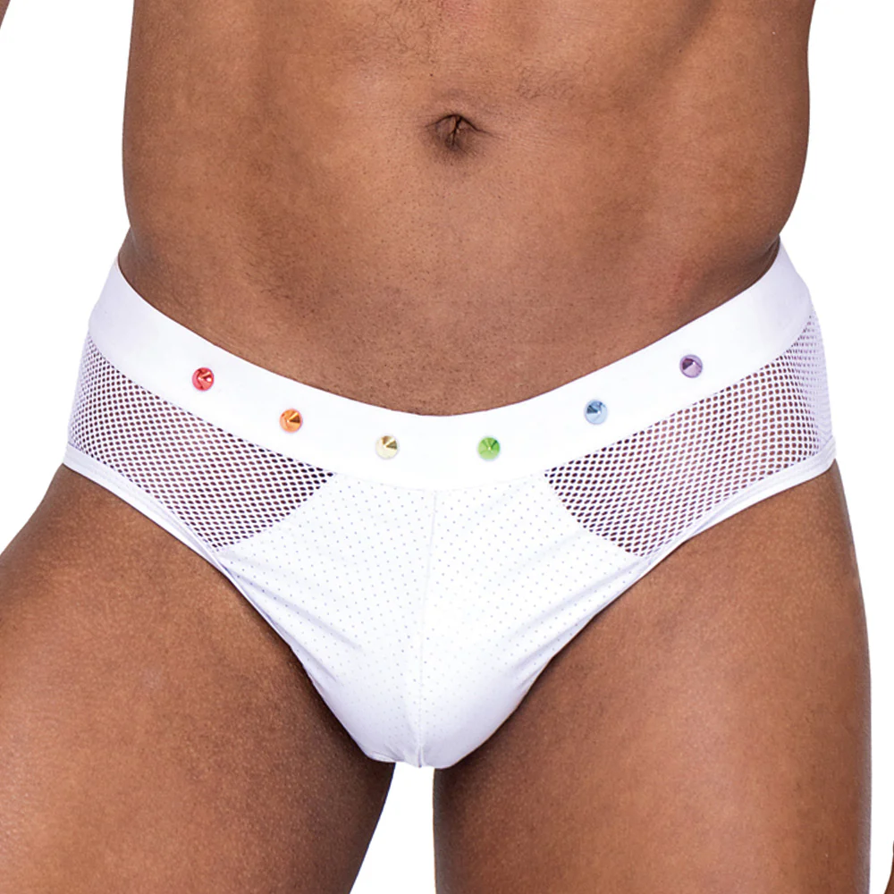 Roma Fishnet Mesh & Vinyl Rainbow Stud Pride Briefs